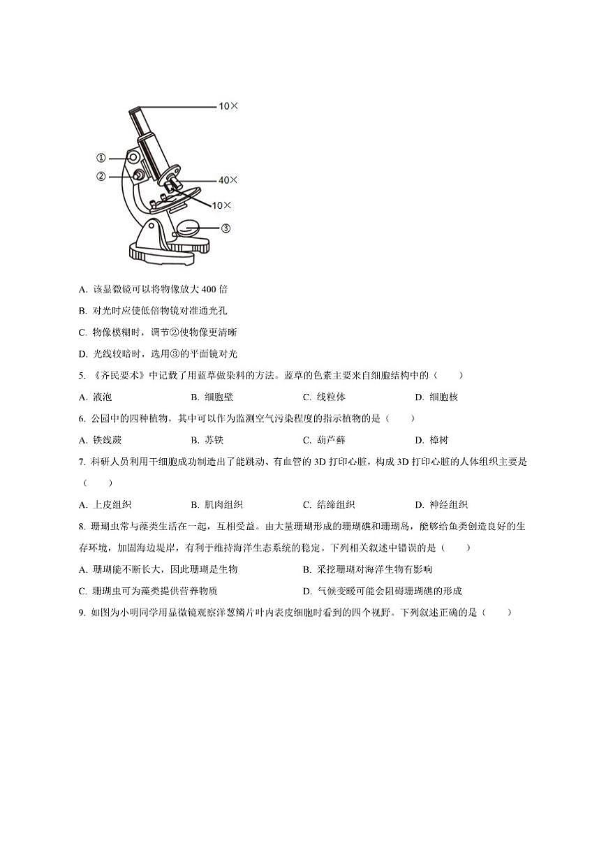 2025-2026学年河南省信阳市淮滨县七年级上学期期中生物学试题（有答案）第2页