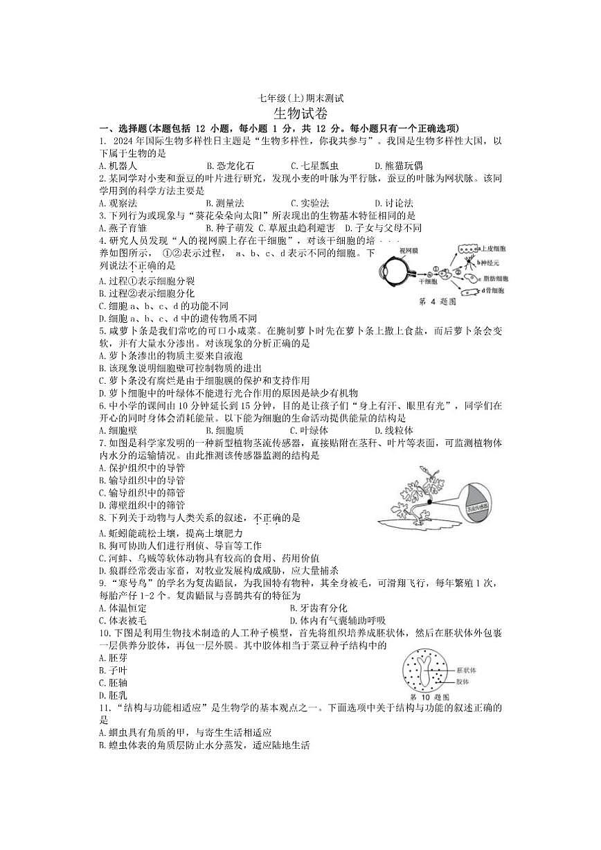 2024-2025学年辽宁省大连市高新区第一学期七年级生物期末试卷（有答案）第1页