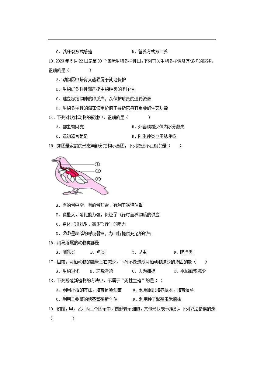 2025-2026学年山东省青岛市市南区青岛超银中学八年级上学期12月月考生物试题（有答案）第3页