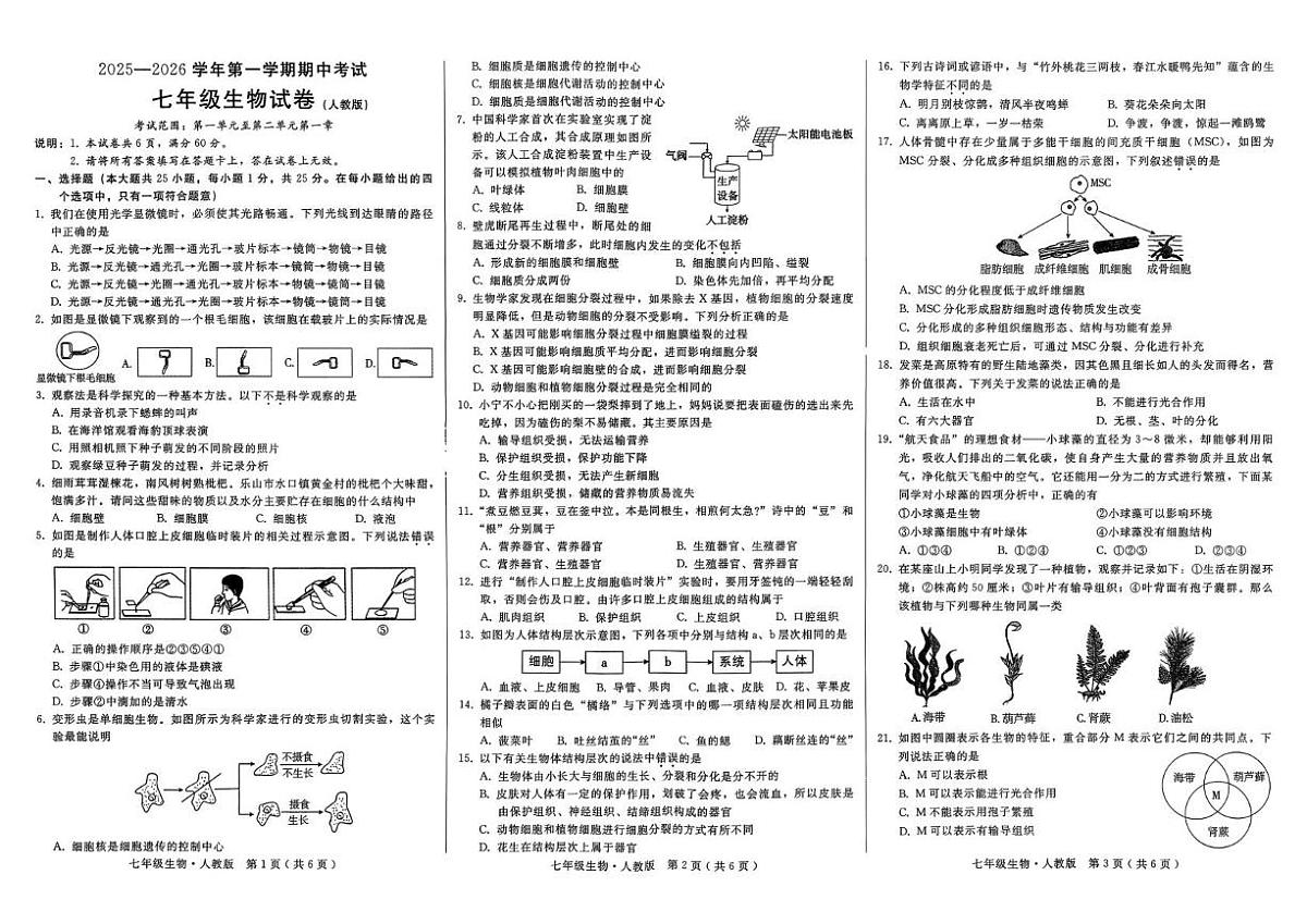 河北省沧州市2025-2026学年七年级上学期期中考试生物试题第1页