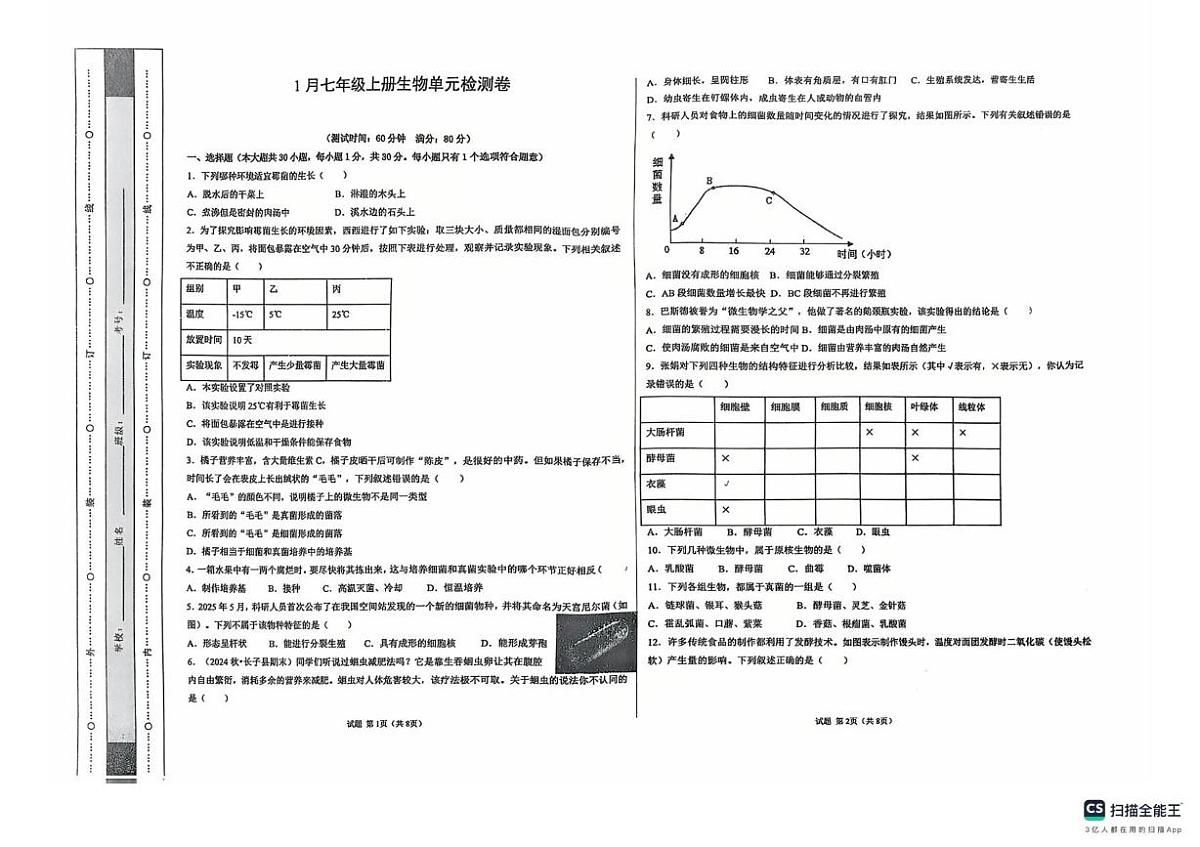 山东省青岛市城阳区第十三中学2025-2026学年七年级上学期1月月考生物试题第1页