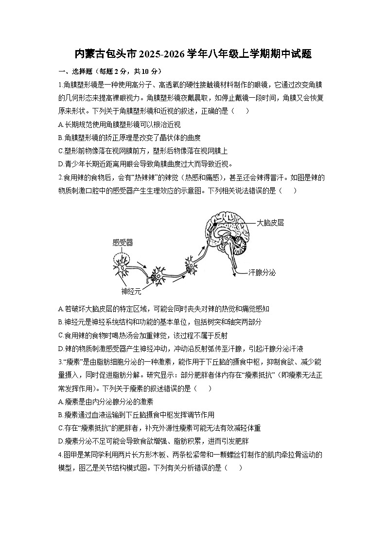 2025-2026学年内蒙古包头市八年级上学期期中生物试卷（学生版）第1页