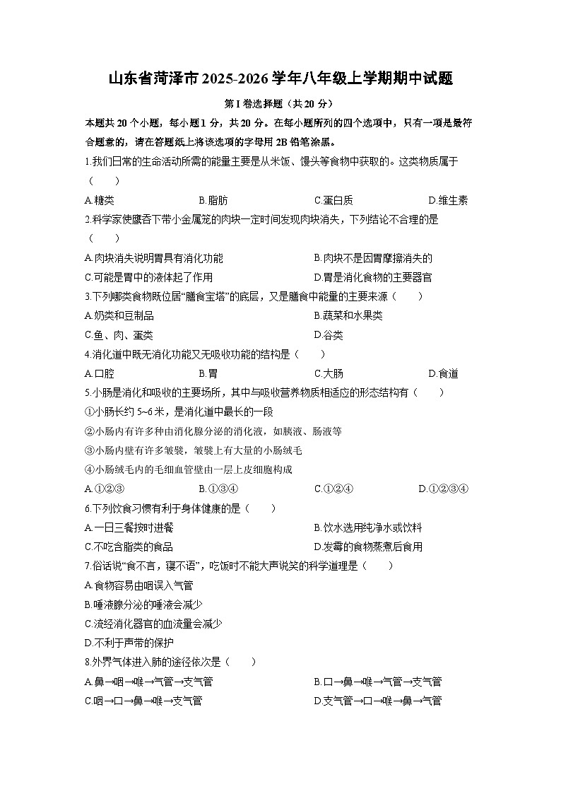 2025-2026学年山东省菏泽市八年级上学期期中生物试卷（学生版）第1页