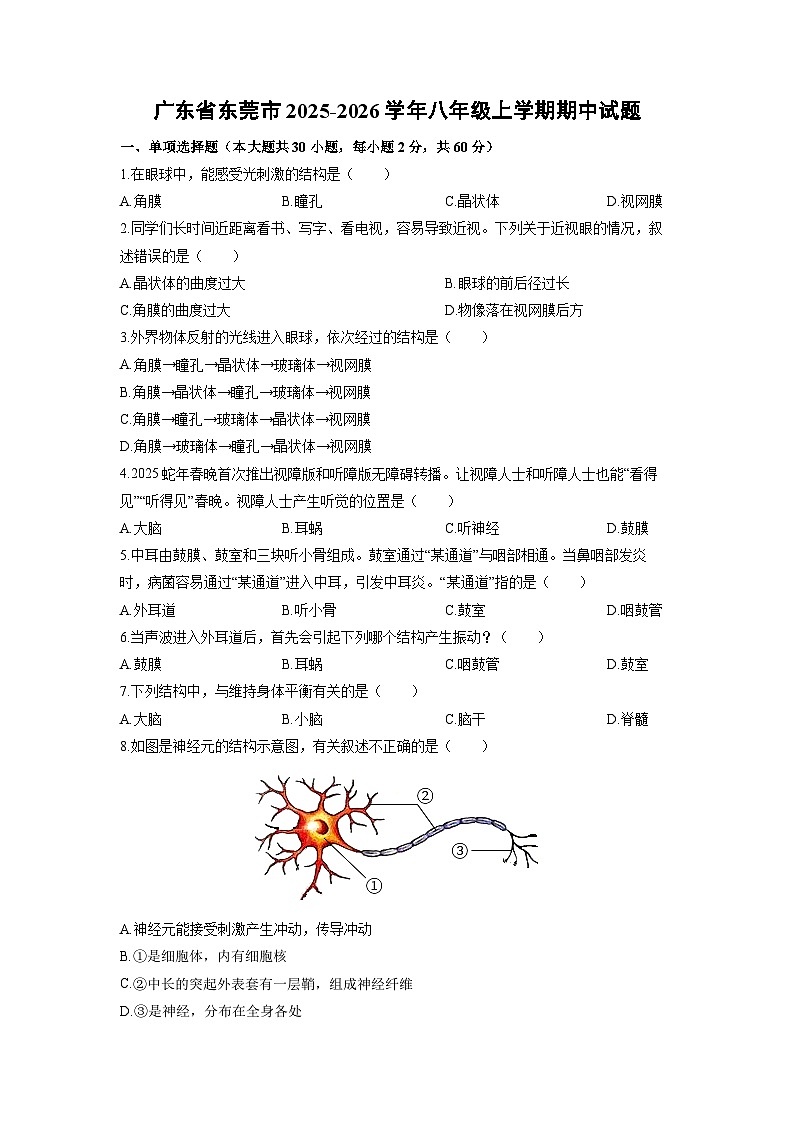 2025-2026学年广东省东莞市八年级上学期期中生物试卷（学生版）第1页