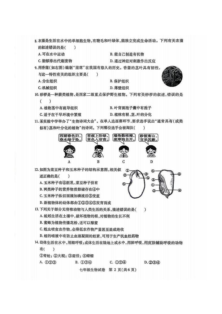 2026年哈尔滨市南岗区七年级上学期期末生物试卷及答案第2页