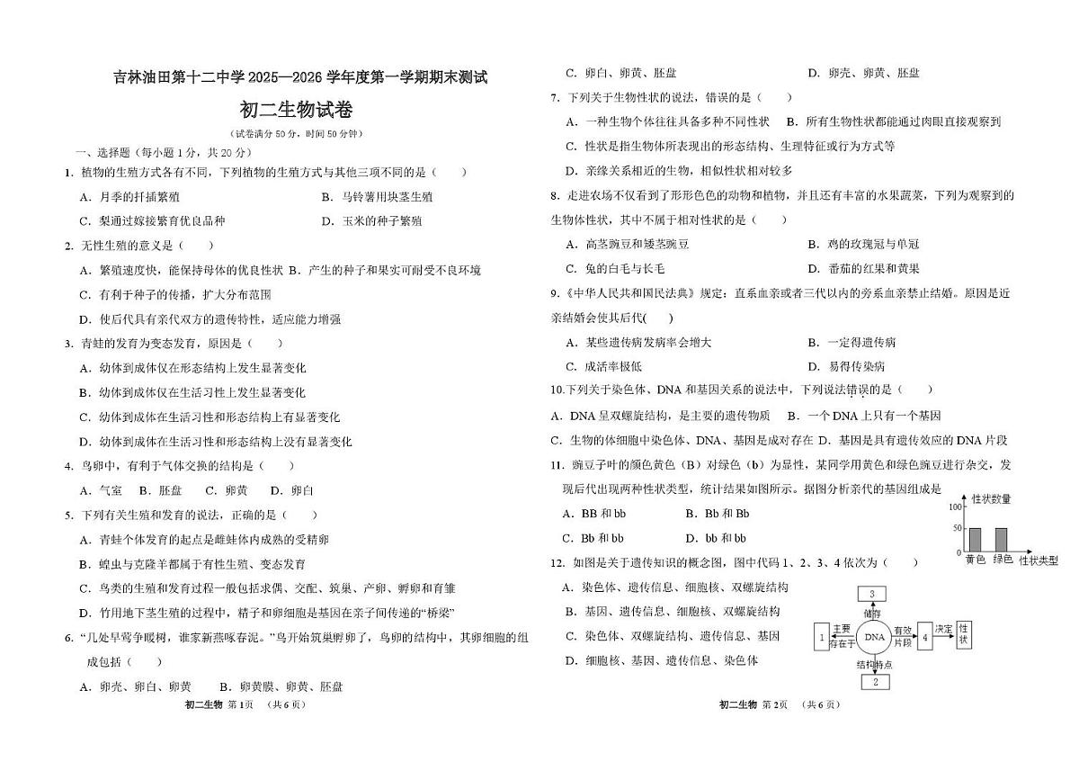 吉林省松原市油田第十二中学2025-2026学年八年级上学期期末质量检测生物试卷第1页