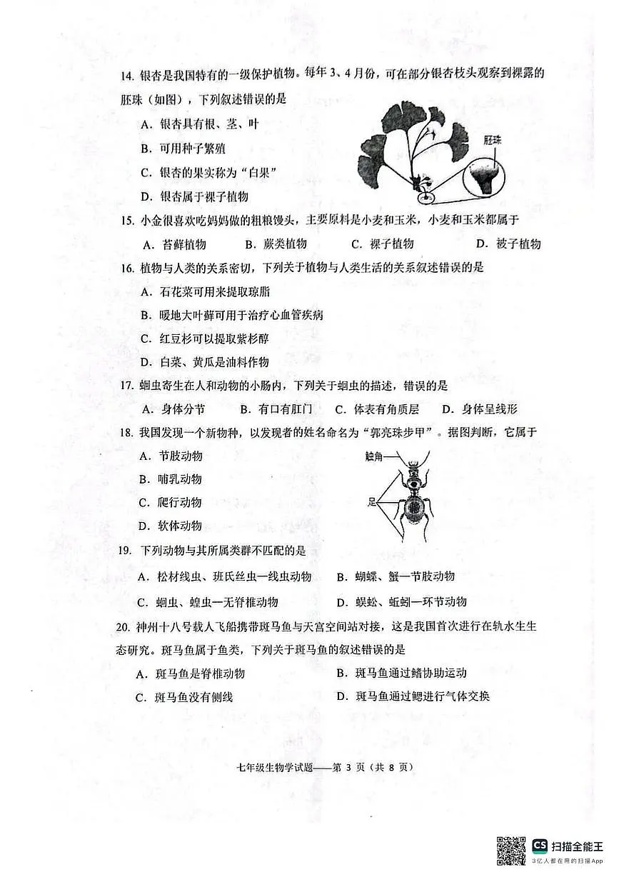 云南省大理州大理市2024-2025学年七年级上学期期末生物试卷第3页