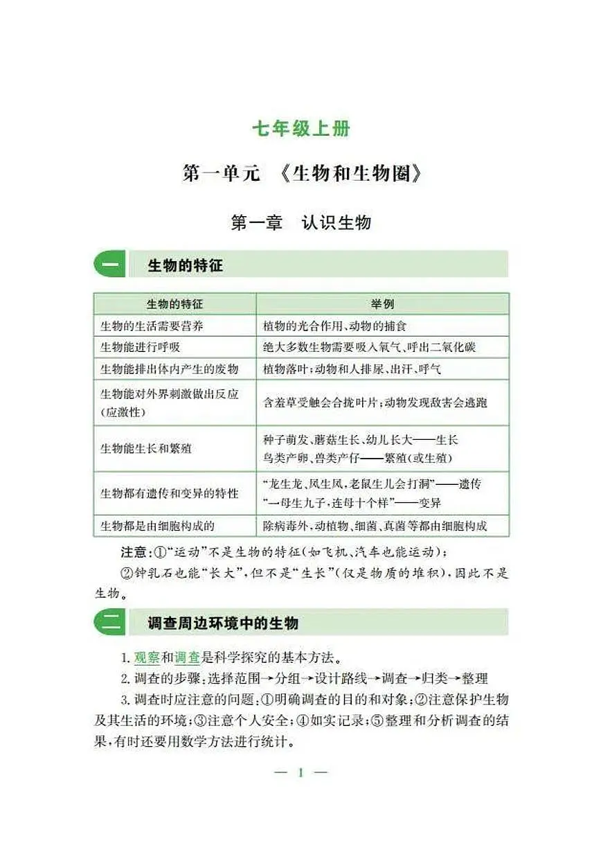 2024版人教版初中生物七年级上册期末知识梳理第1页