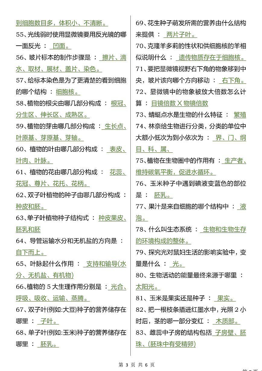 2024版人教版七年级上册生物期末160道常考点押题专项练习含答案第3页