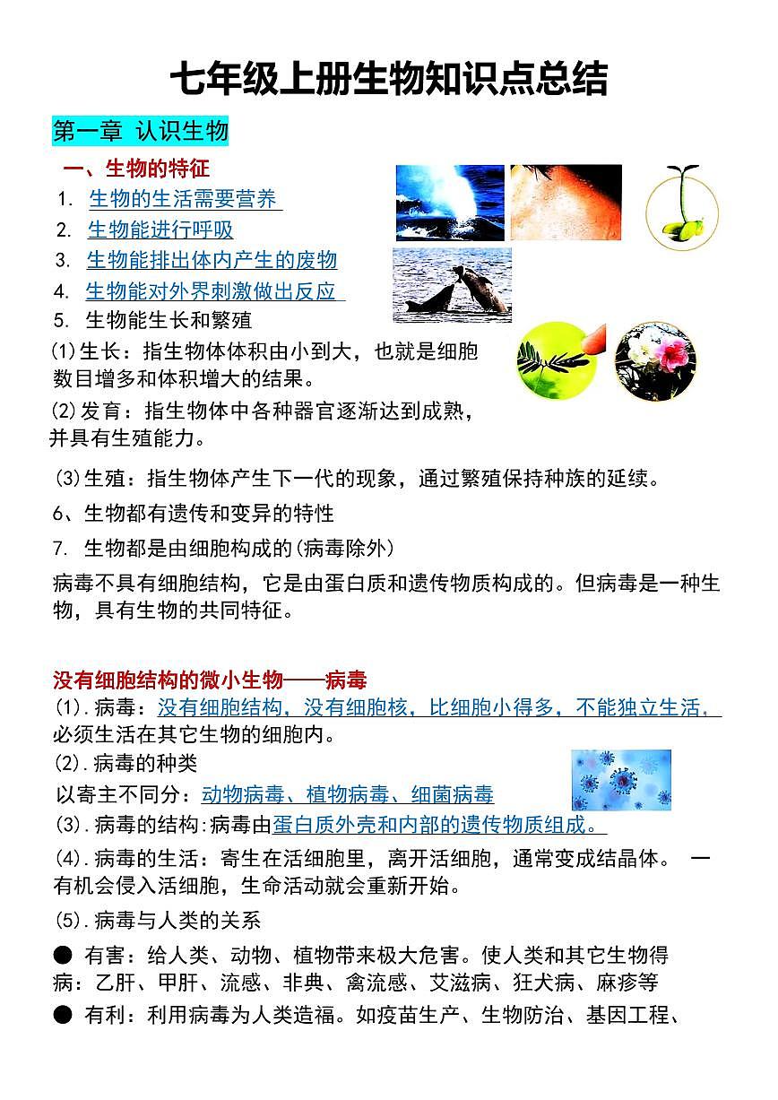2024版人教版七年级上册生物期末重要高频常考知识点总结第1页