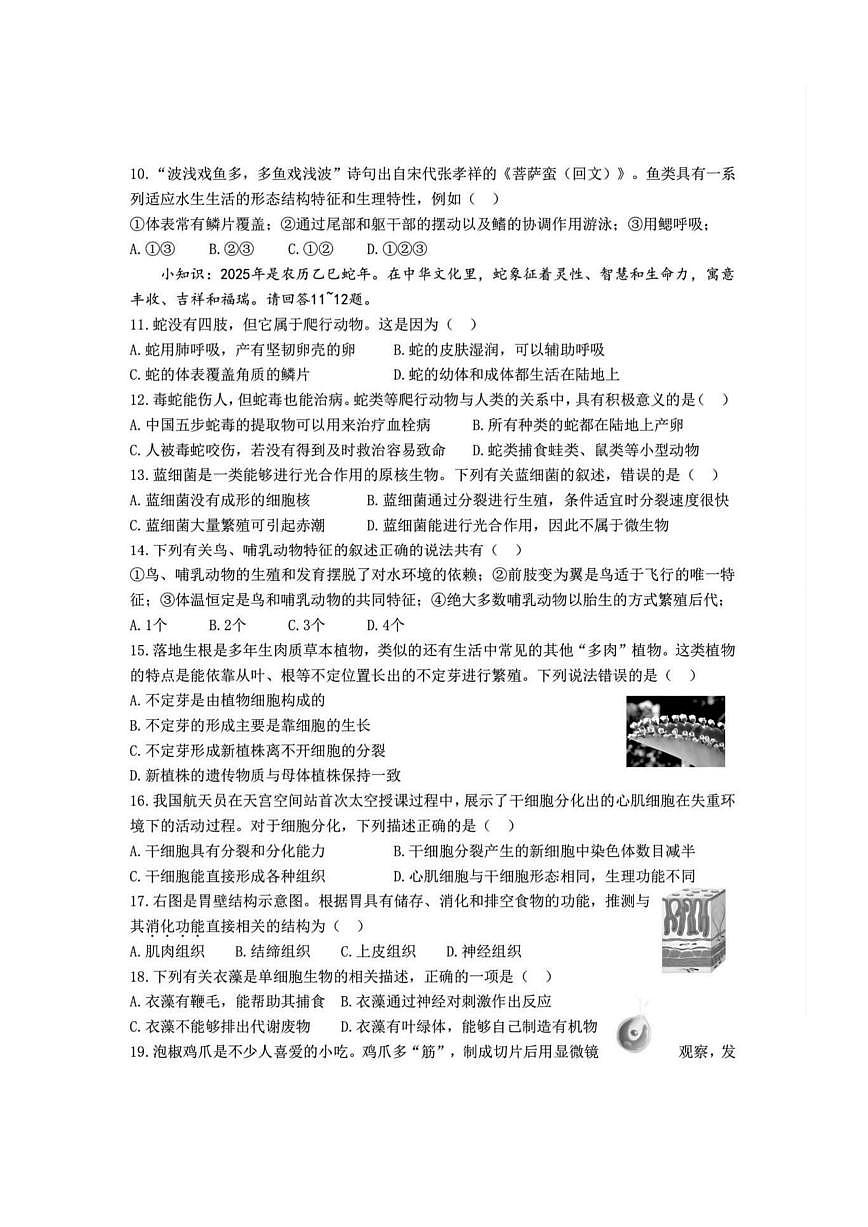 2026年哈尔滨市道里区七年级（上）生物期末试卷及答案第2页