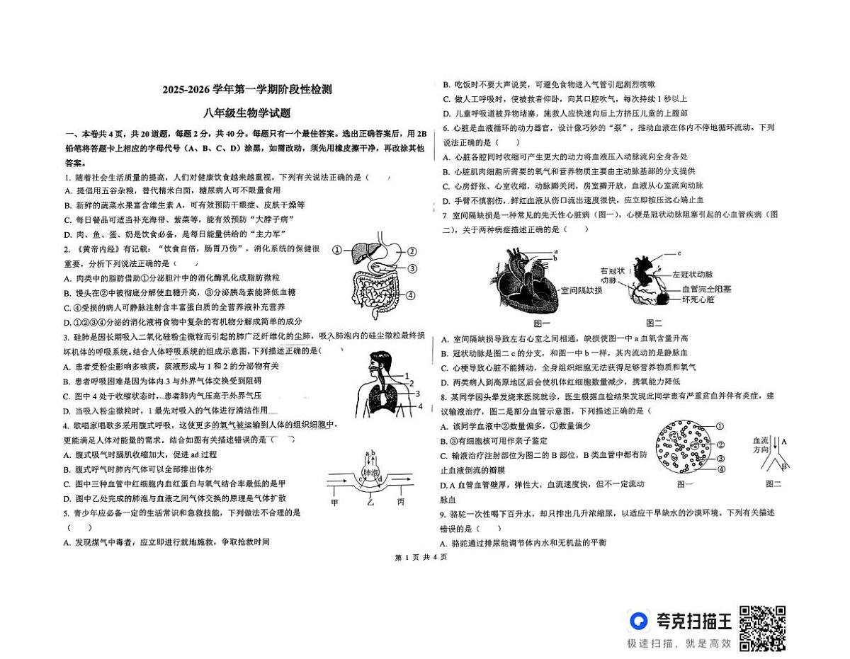 山东省滨州市无棣县第二初级中学、博鳌中学2025-2026学年八年级上学期1月联考生物试题（月考）第1页