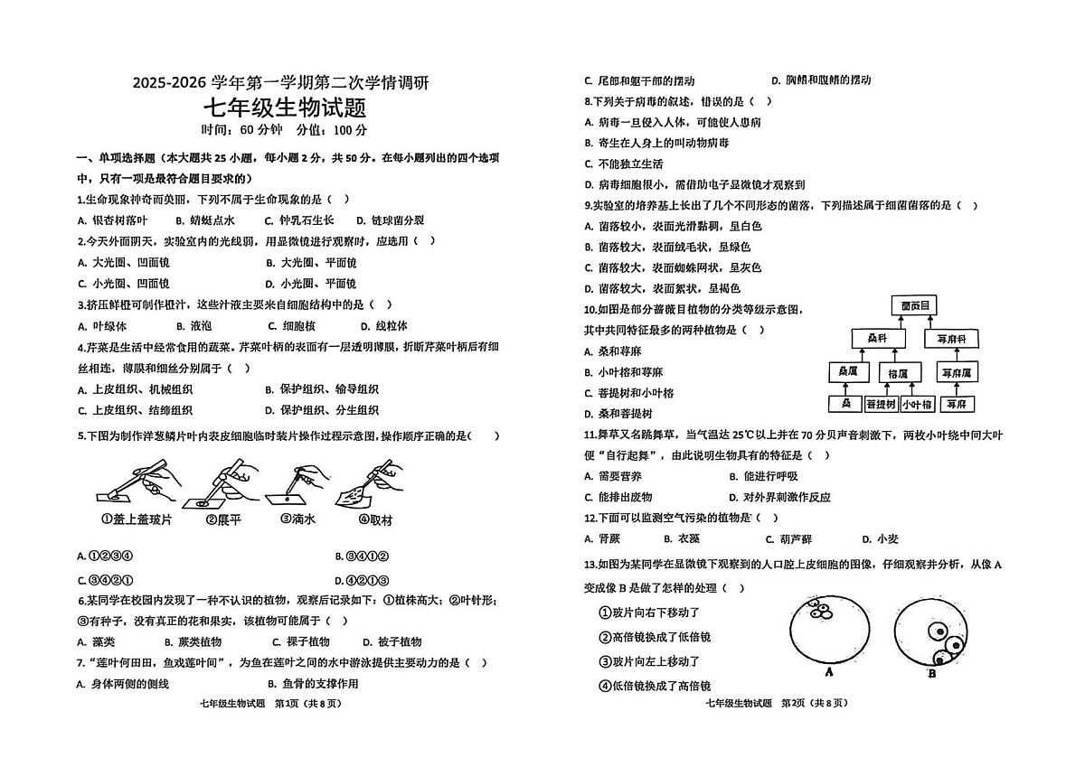 山东省聊城市多校联考2025-2026学年七年级上学期第二次学情调研 生物试卷（月考）第1页