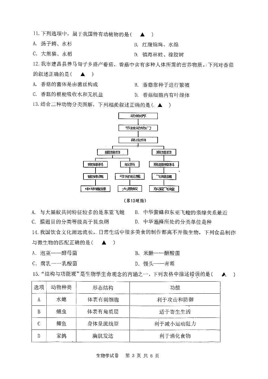 辽宁省葫芦岛市2025-2026学年第一学期七年级生物学期末试卷（含答案）第3页