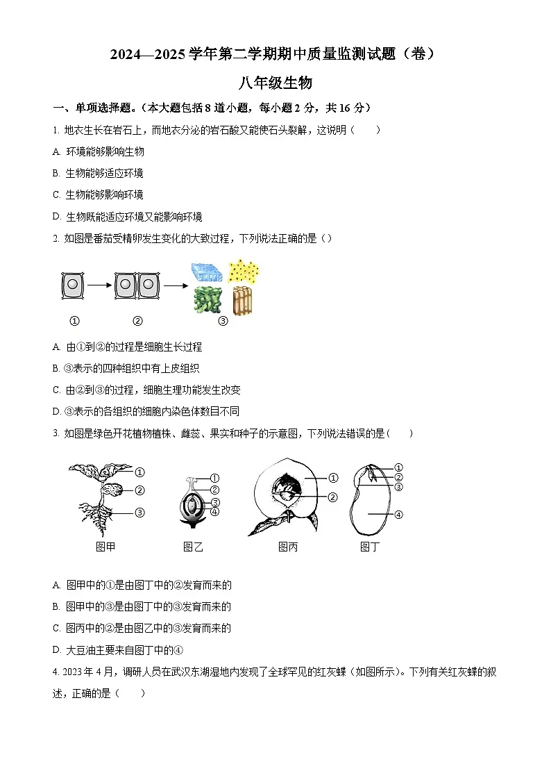 甘肃省平凉市2024-2025学年八年级下学期期中生物试题-A4第1页