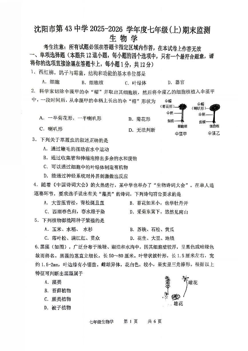 辽宁省沈阳市第43中学2025-2026学年第一学期七年级生物期末试卷（无答案）第1页