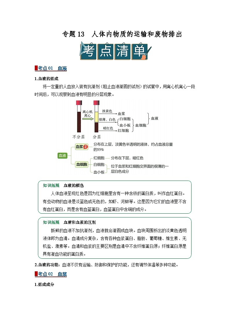 专题13 人体内物质的运输和废物排出（word） 2025-2026学年初中生物人教版2024一轮复习讲义知识清单+习题（原卷版）第1页