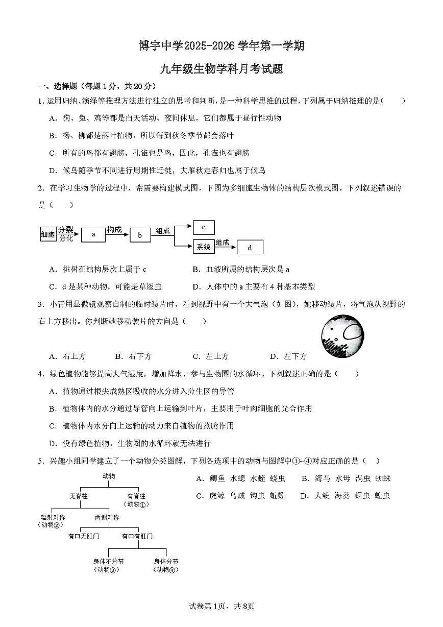 山东省菏泽市曹县博宇中学2025-2026学年九年级上学期第二次月考生物试题第1页
