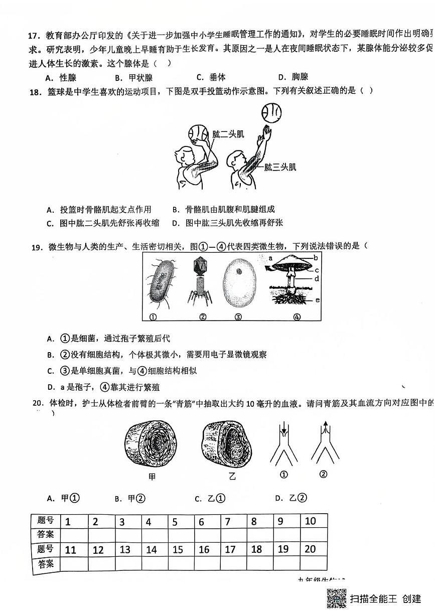 山东省菏泽市鄄城县凤凰镇凤凰学校2025-2026学年九年级上学期1月月考生物试题第3页