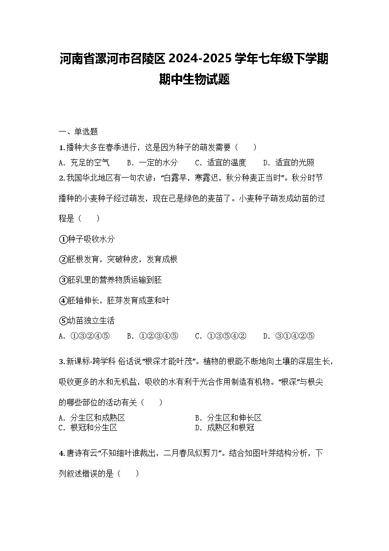 河南省漯河市召陵区2024-2025学年七年级下学期期中生物试题第1页