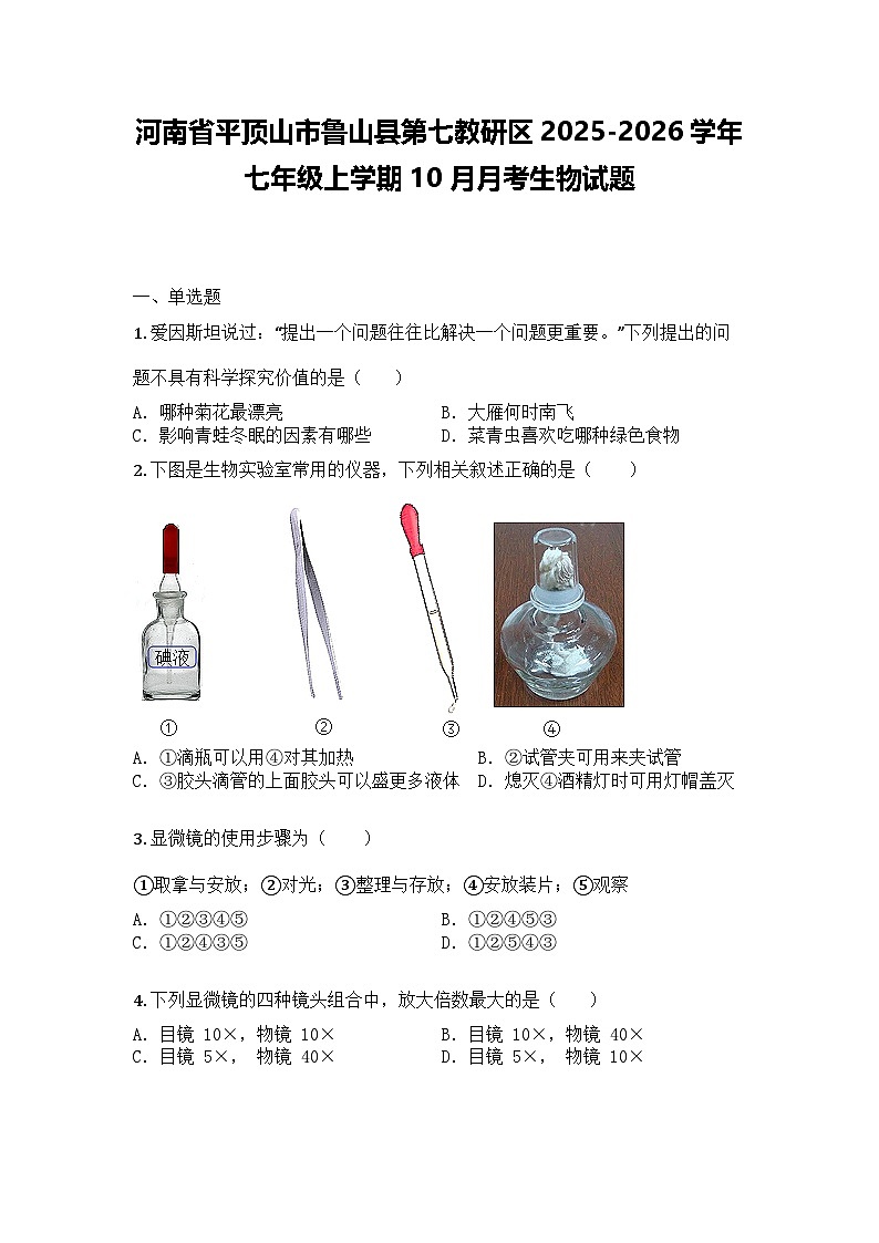 河南省平顶山市鲁山县第七教研区2025-2026学年七年级上学期10月月考生物试题第1页