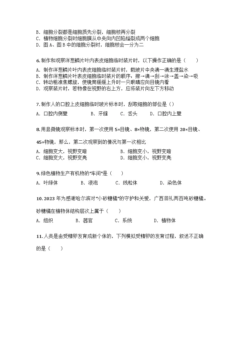 河南省濮阳市华龙区华龙区第三中学2025年七年级上学期9月月考生物学试题第2页