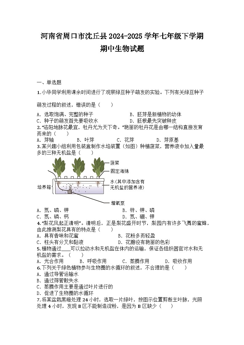 河南省周口市沈丘县2024-2025学年七年级下学期期中生物试题第1页