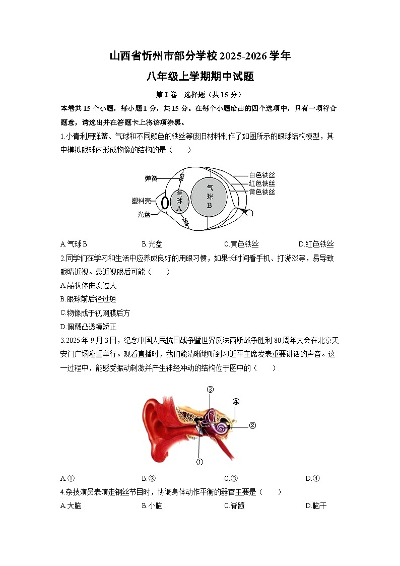 2025-2026学年山西省忻州市部分学校八年级上学期期中生物试卷（学生版）第1页