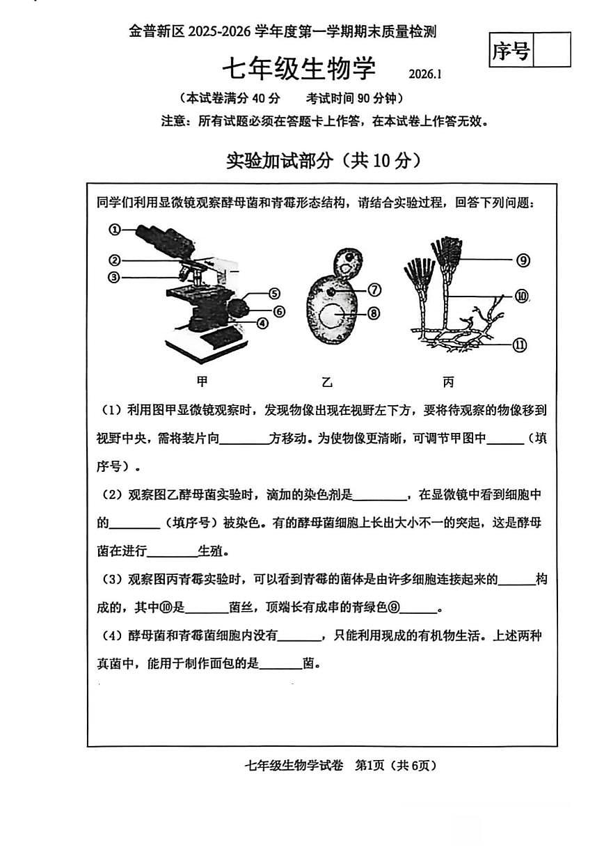 辽宁省大连市金普新区2025-2026学年第一学期七年级生物期末试卷（无答案）第1页