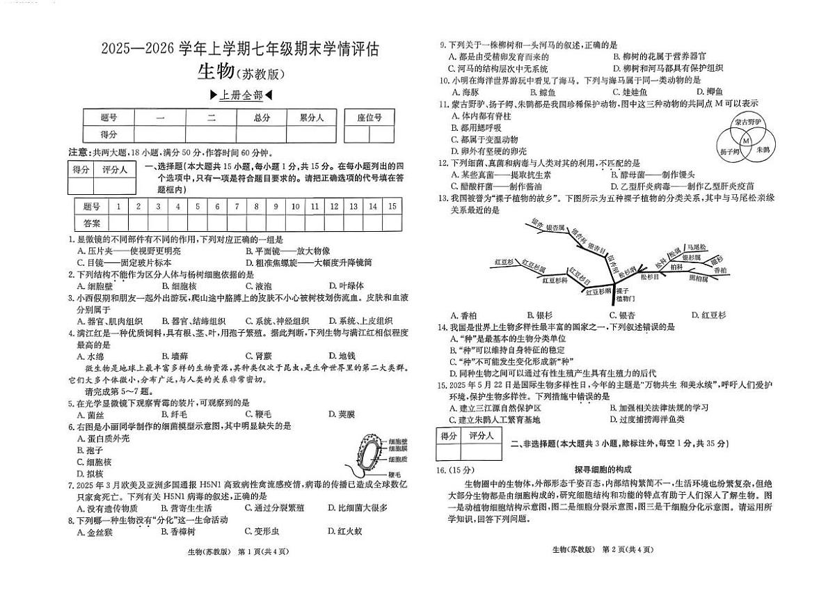 山西省运城市闻喜县部分学校2025-2026学年七年级上学期期末测试生物试卷第1页