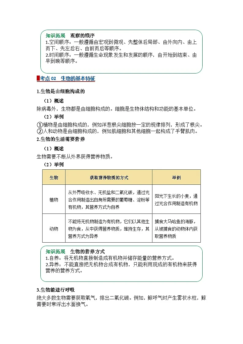 专题01 认识生物（word） 2025-2026学年初中生物人教版2024一轮复习讲义知识清单+习题（原卷版）第2页
