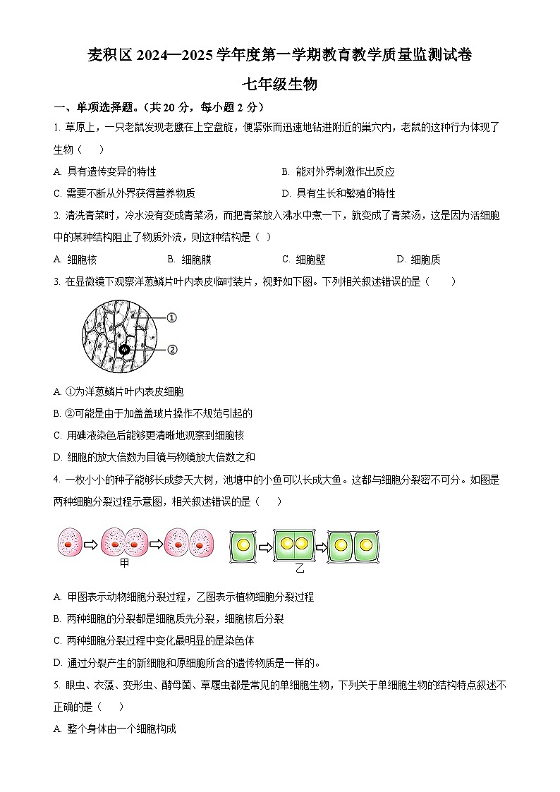 甘肃省天水市麦积区七年级上学期期末生物试题（原卷版）-A4第1页