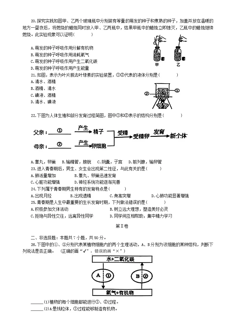 福建省泉州市永春县第五中学片区联考七年级下学期期中考试生物试题-A4第3页