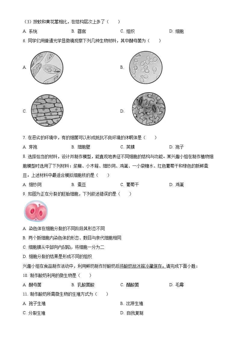 福建省福州市闽清县七年级上学期期末生物试题（原卷版）-A4第2页