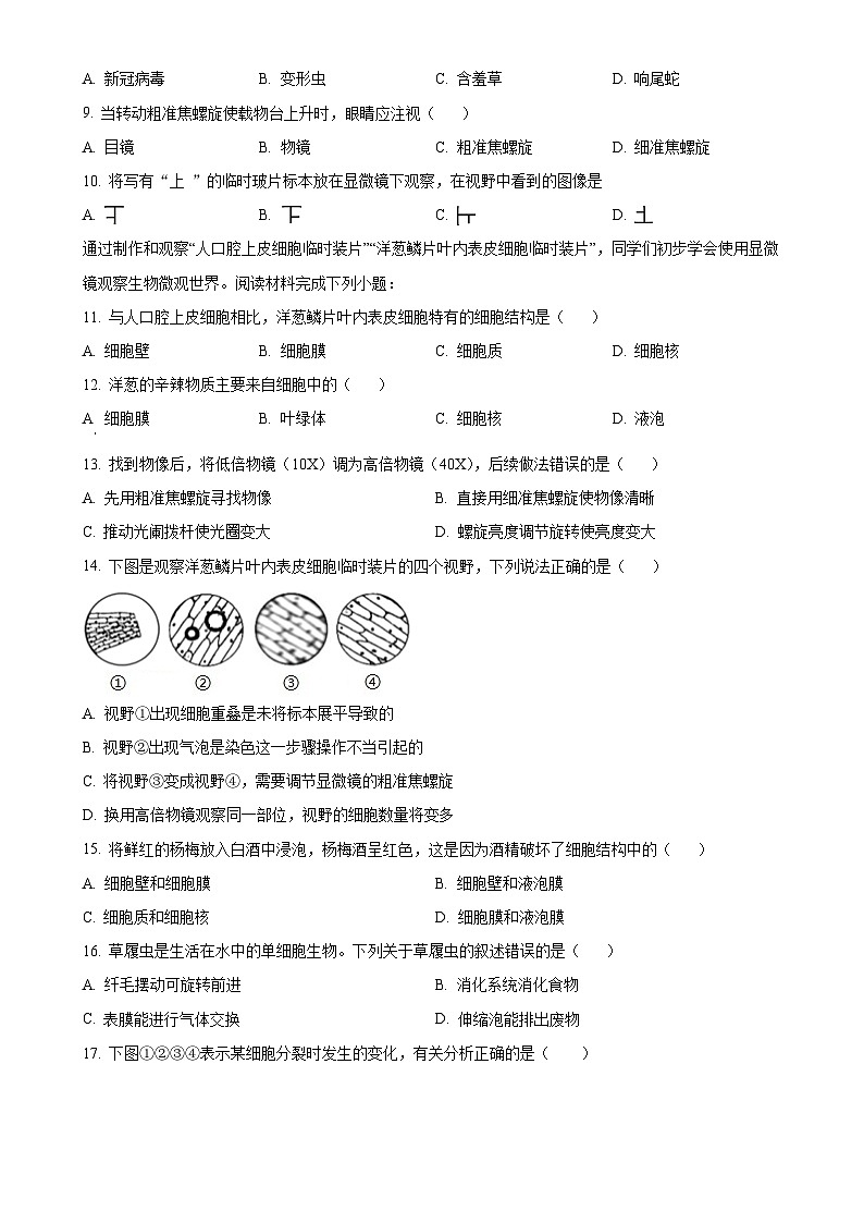 福建省泉州市南安市七年级上学期期中生物试题（原卷版）(1)-A4第2页