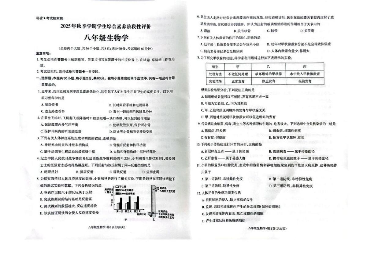 2025-2026学年云南省昭通市昭阳区八年级上学期1月期末考试生物试卷（含答案）第1页