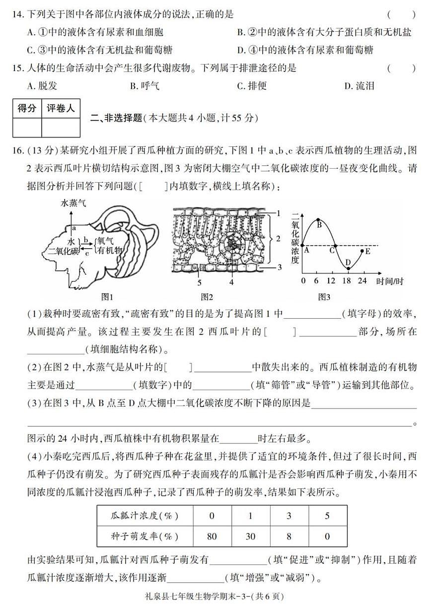 2024-2025学年陕西省咸阳市礼泉县七年级下学期期末考试生物试卷（有答案）第3页