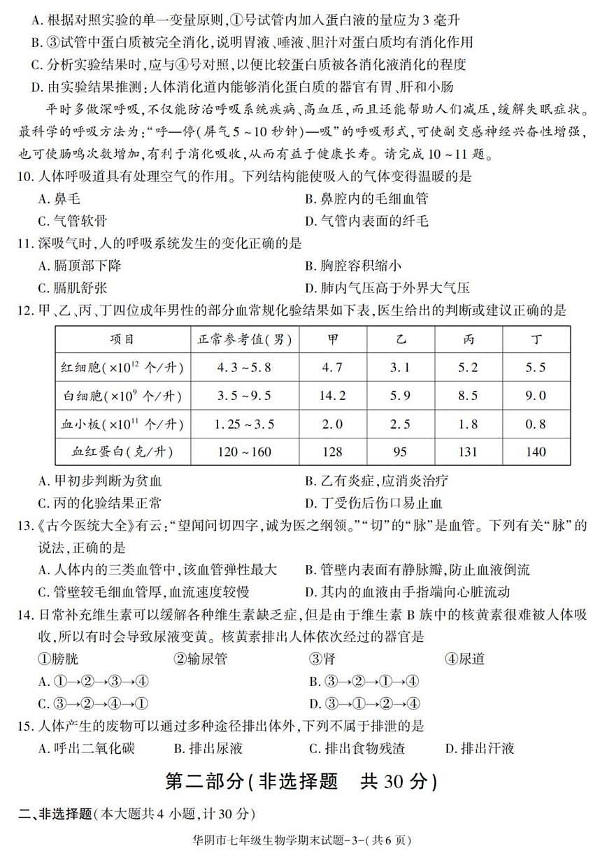 2024-2025学年陕西省渭南市华阴市七年级下学期期末考试生物试卷（有答案）第3页