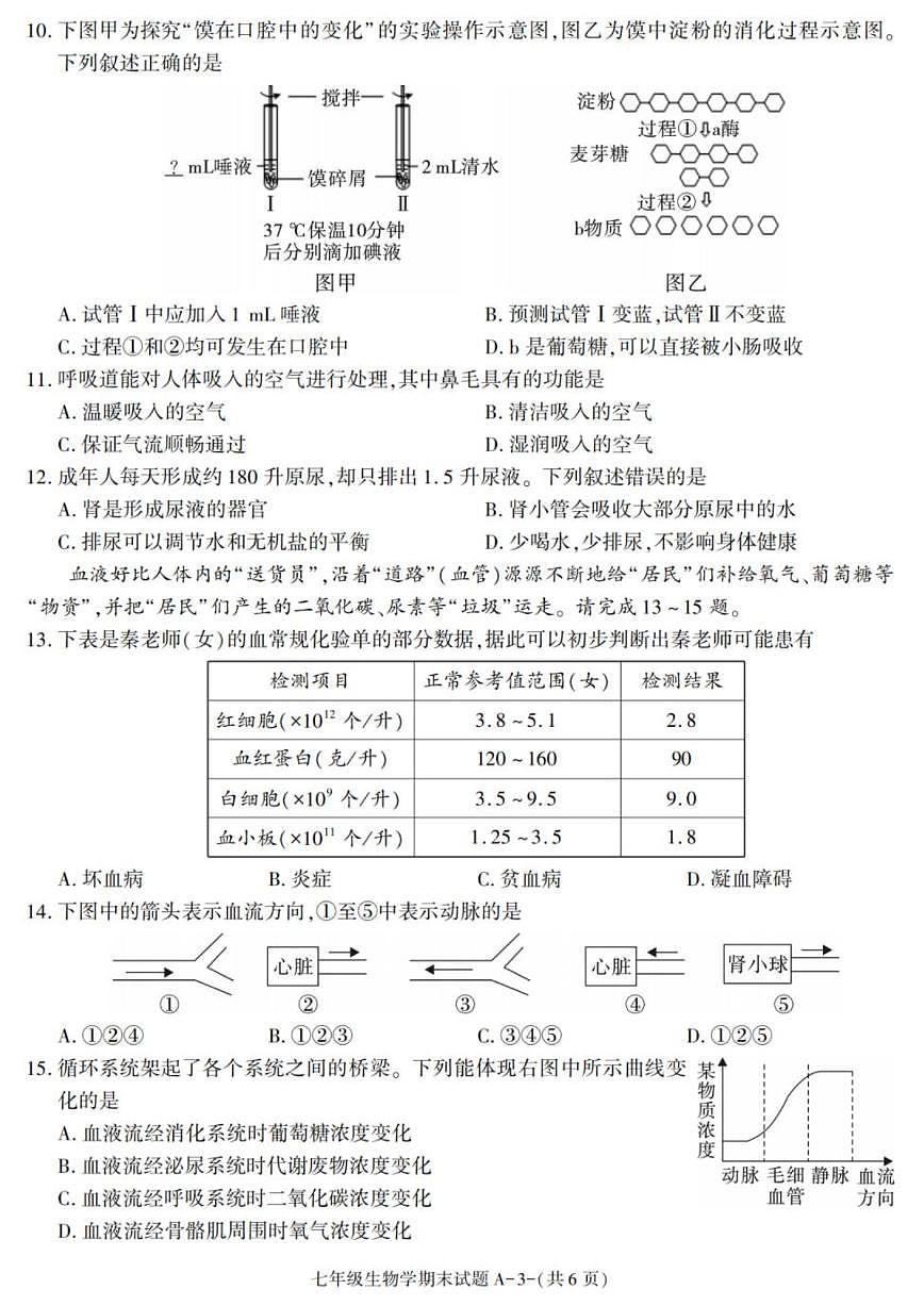 2024-2025学年陕西省西安市阎良区七年级下学期期末考试生物试卷（有答案）第3页