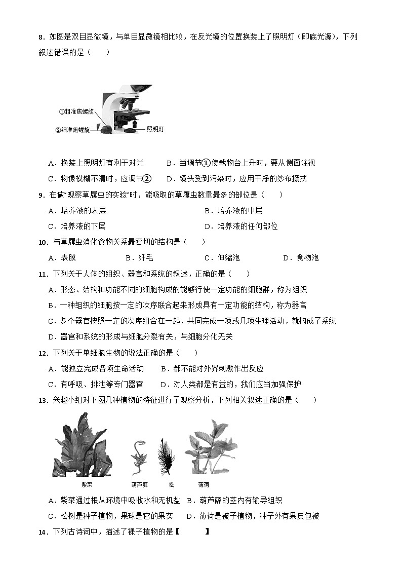 甘肃省武威市第二十七中学2024-2025学年七年级上学期期末复习生物试题3-A4第2页