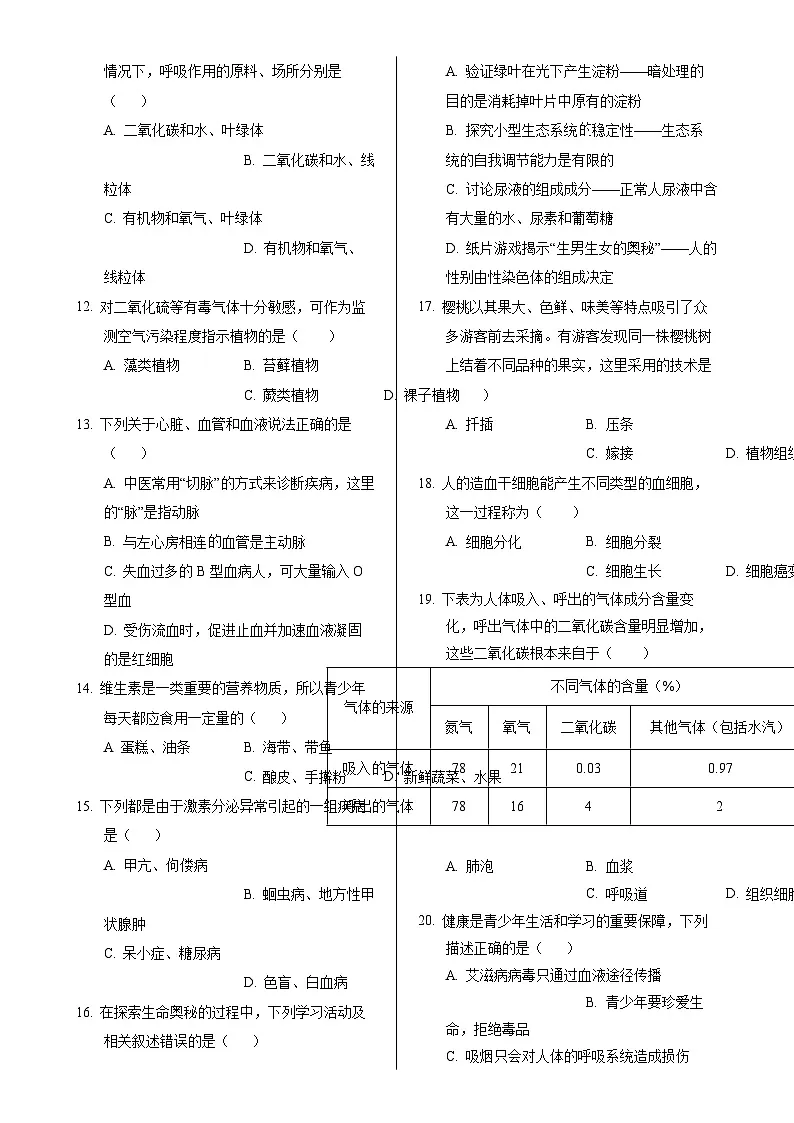 甘肃省武威市凉州区九年级下学期开学考试生物试卷-A4第2页