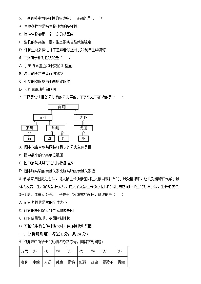 甘肃省平凉市庄浪县八年级上学期期末生物试题（原卷版）-A4第2页