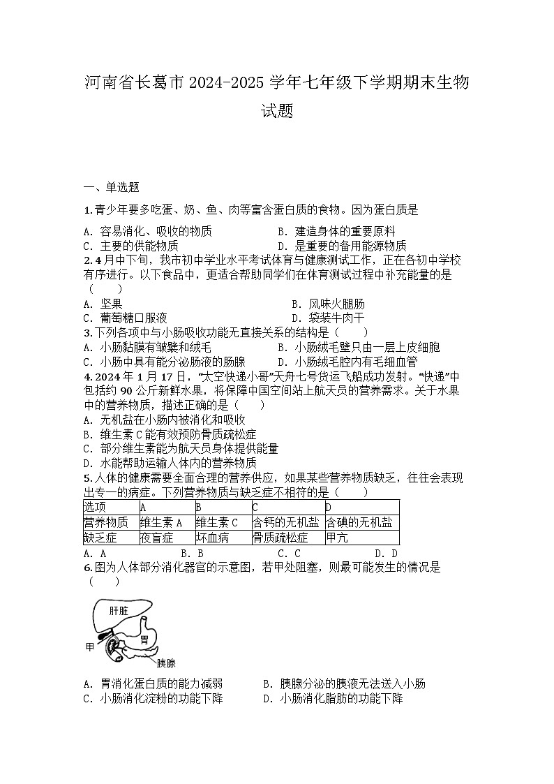 河南省长葛市2024-2025学年七年级下学期期末生物试题第1页