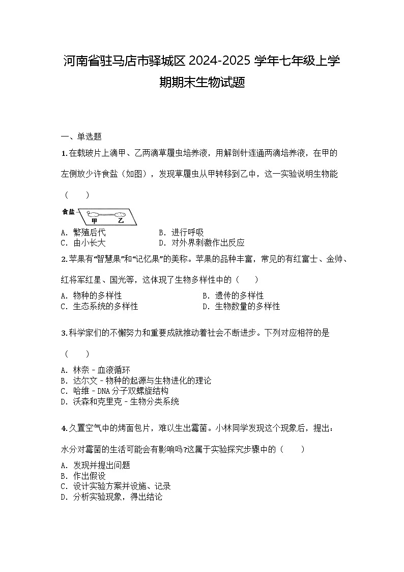 河南省驻马店市驿城区2024-2025学年七年级上学期期末生物试题第1页