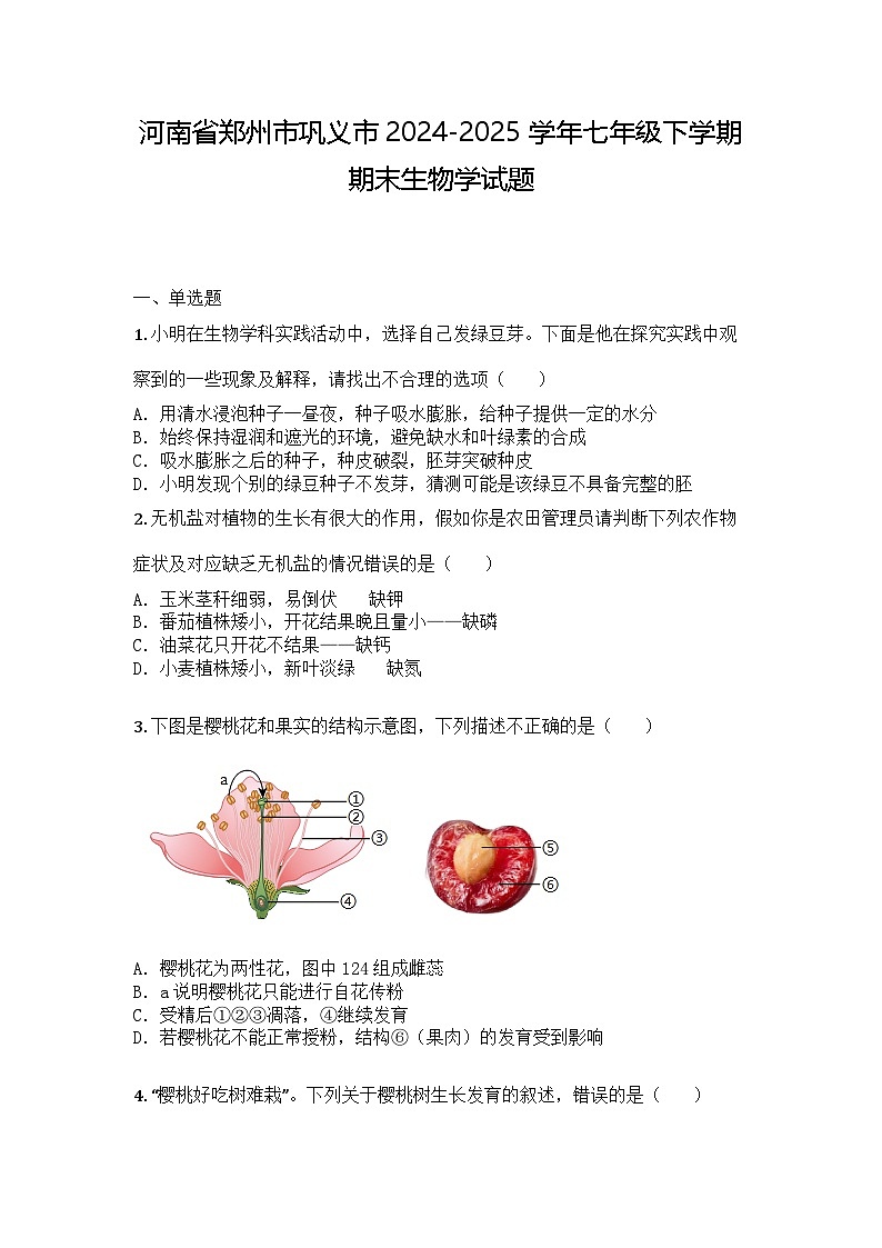 河南省郑州市巩义市2024-2025学年七年级下学期期末生物学试题第1页