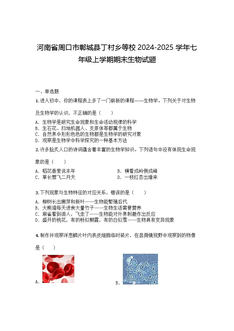 河南省周口市郸城县丁村乡等校2024-2025学年七年级上学期期末生物试题第1页