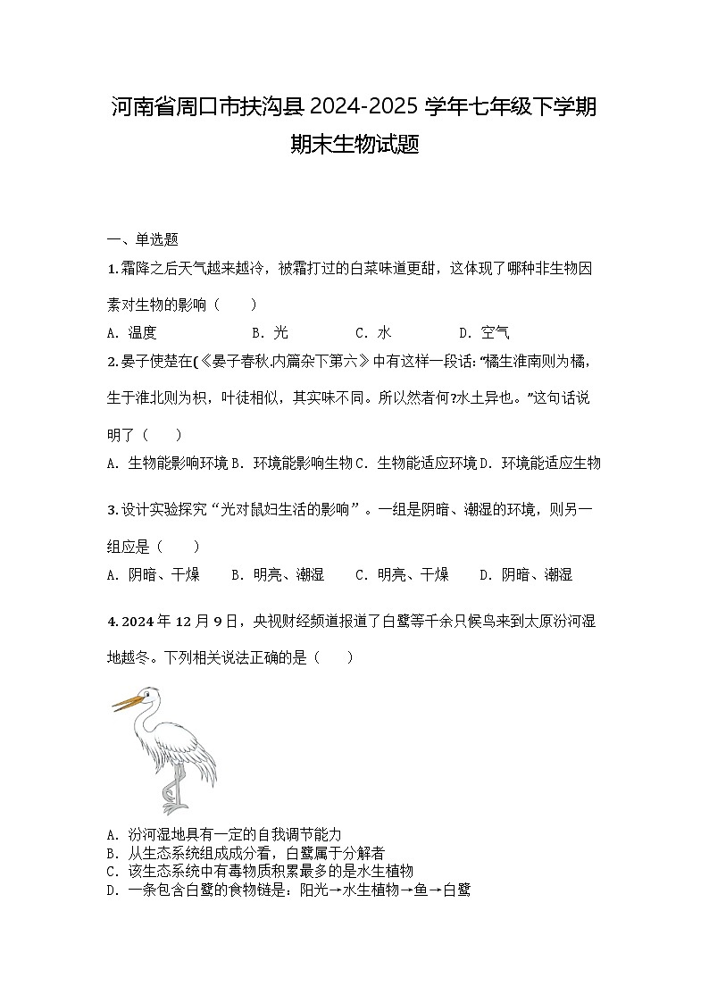 河南省周口市扶沟县2024-2025学年七年级下学期期末生物试题第1页