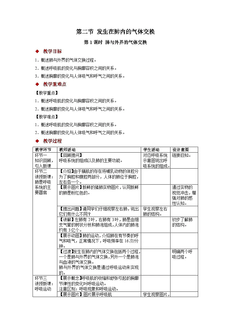 人教版初中生物七年级下册（2024）4.3.2 肺与外界的气体交换 教案第1页
