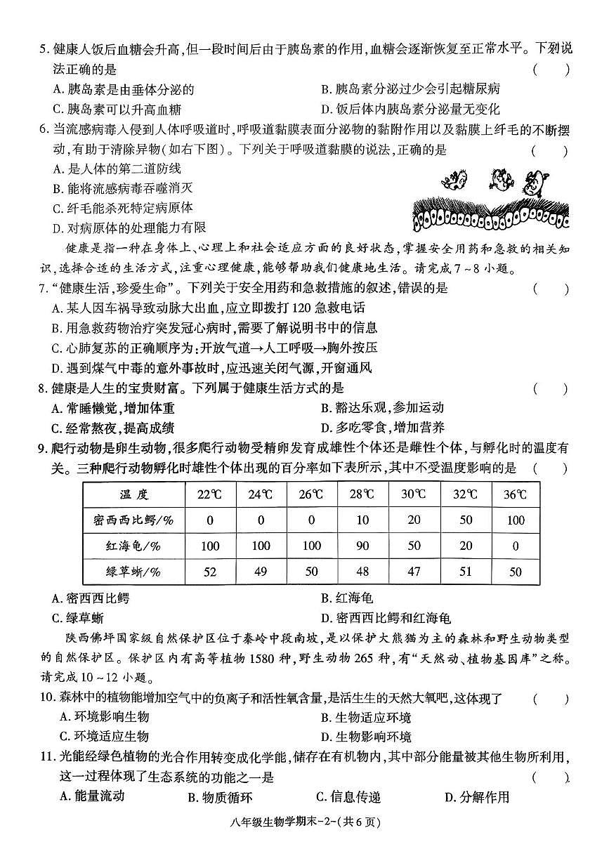 陕西省榆林市子洲县2025-2026学年八年级上学期期末素质教育调研测评生物试题第2页
