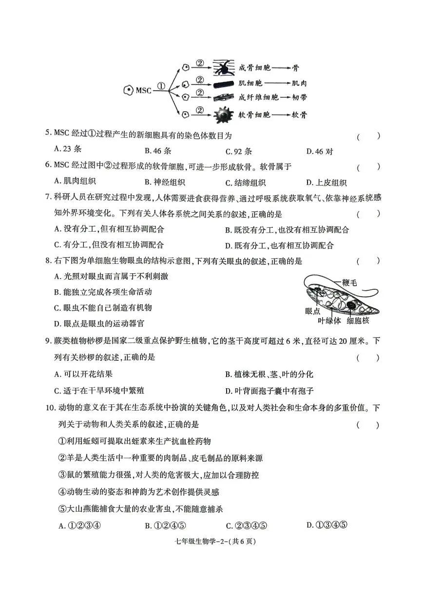 陕西省榆林市城区联考2025-2026学年七年级上学期期末生物试卷第2页